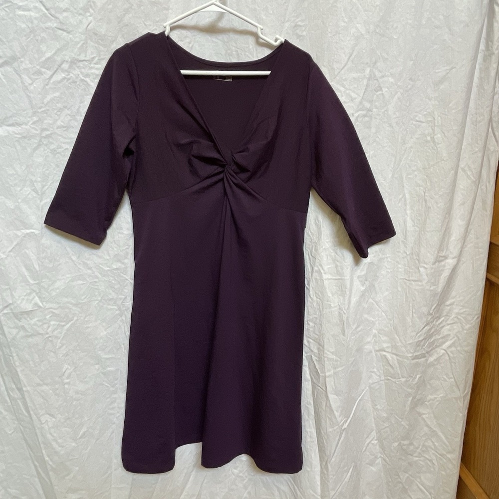 Eddie Bauer Purple Poly Spandex A-Line Dress Twist Front Mid Sleeve V Neck L